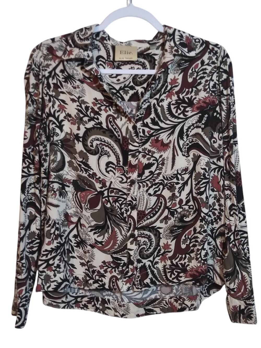 Elie Tahari Paisley Printed Long-Sleeve Blouse in Cream and Brown Size M